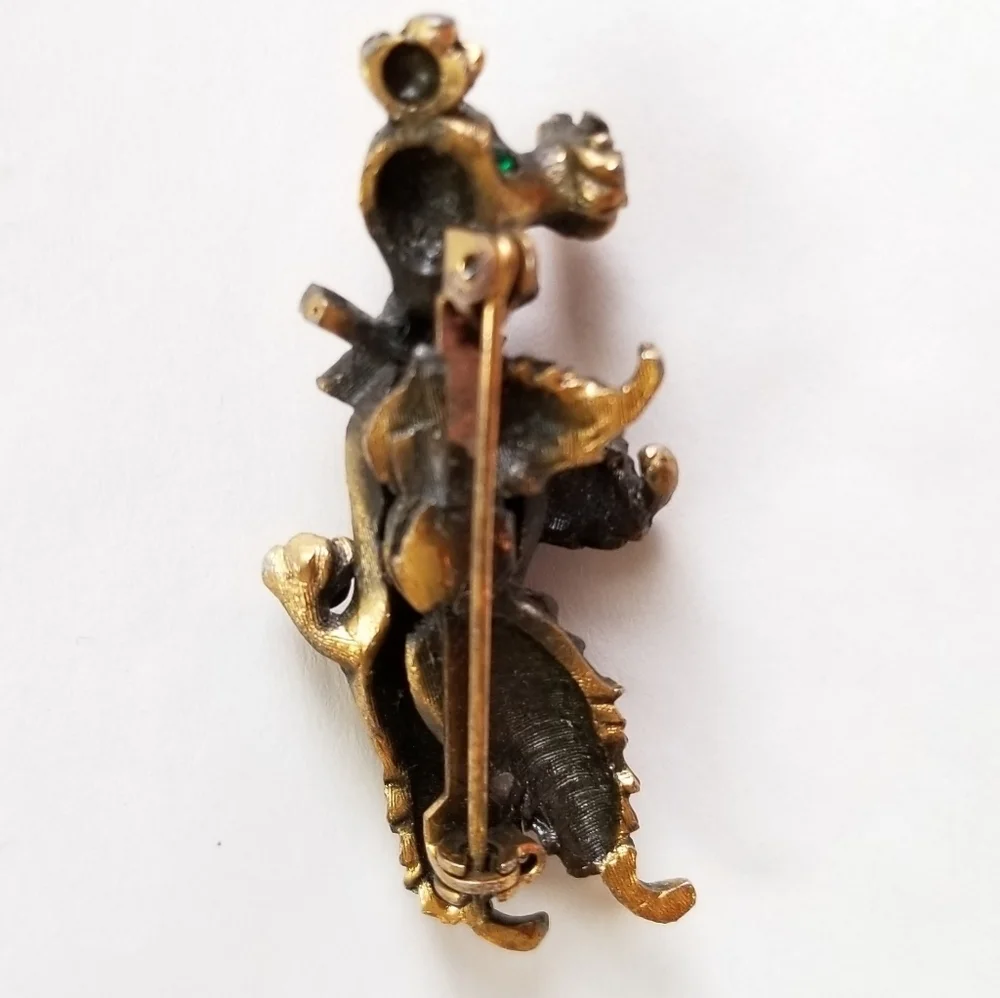 VTG Poodle Goldtone red bow emeral eyes brooch pin